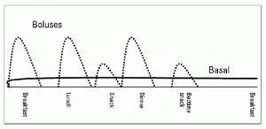 This diagram shows the insulin levels in the body when using a multiple daily injection approach
